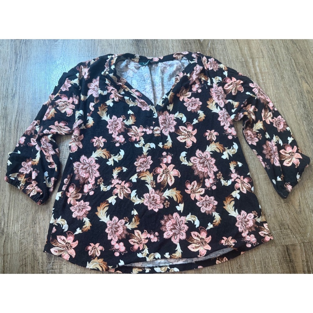 Lauren Ralph Lauren Floral Linen Blend Henley Blouse Black Pink Size M